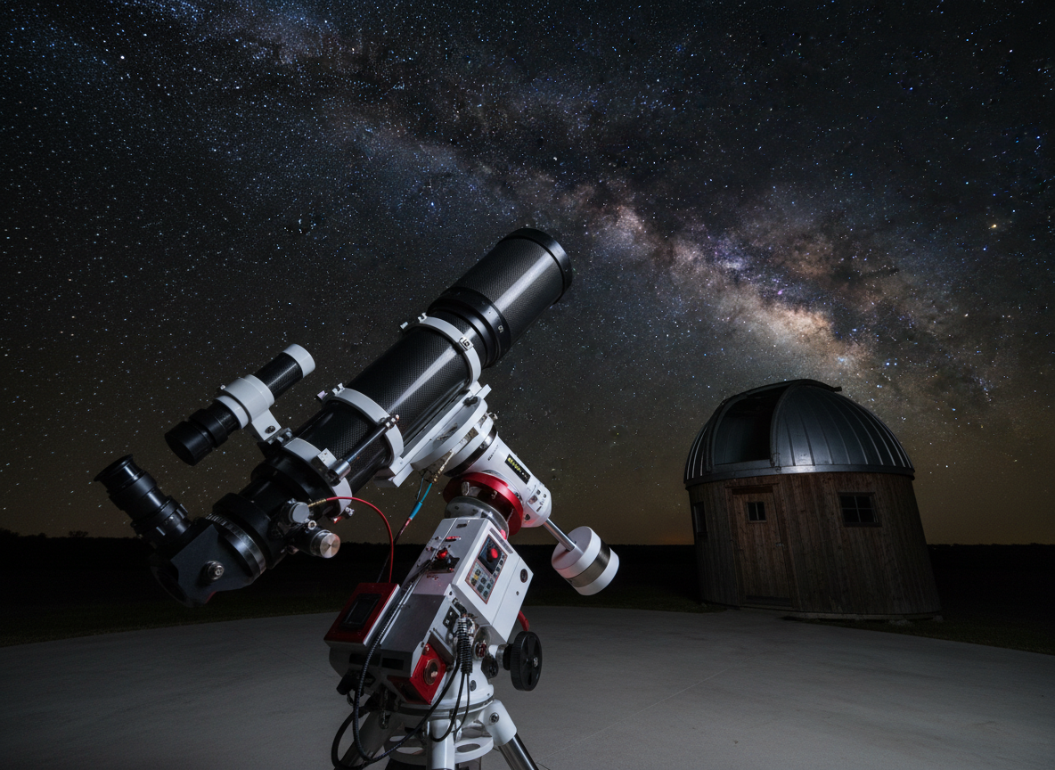 A high-resolution photographic realism image of a professional astrophotography setup: a glossy carbon-fiber telescope tube with intricate metal fittings and a cooled astro camera attached, mounted on a robust equatorial mount. The rig stands on a level concrete pad beside a small, dark observatory shed under a crystal-clear night sky. The Milky Way arches overhead in sharp detail, with subtle star colors visible. Cool, dim red LED lights softly illuminate the mount’s controls, casting gentle reflections on the metal surfaces while preserving darkness. Captured at eye level with a wide-angle lens, the composition follows the rule of thirds: telescope in the foreground, sweeping sky filling the upper frame. The mood is calm, precise, and technical, showcasing a clean, modern, professional astrophotography environment.